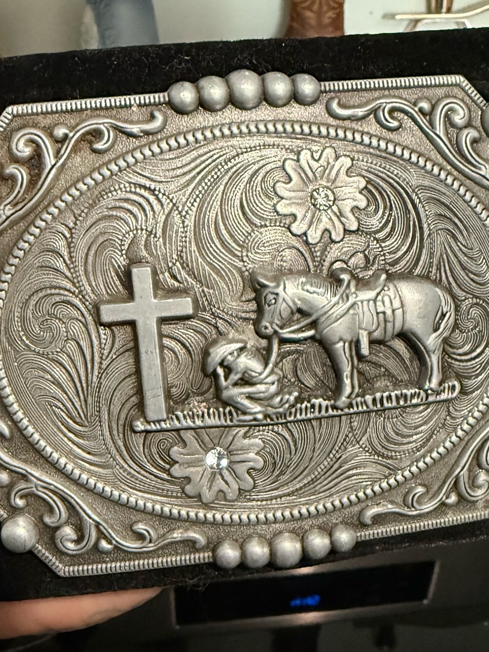 Moranse Religion Cross Cowboy And Horse Design Belt middle Square Silver tone